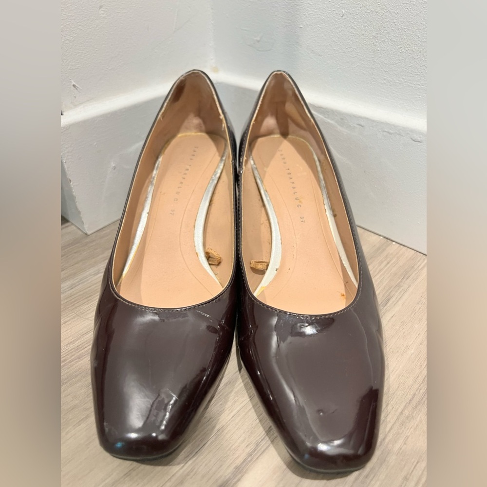 Zara Trafaluc TRF patent block heels (Burgandy, Sz 37)